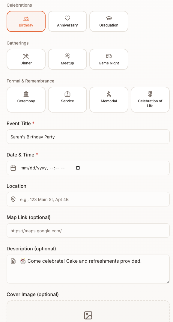 Create event form
