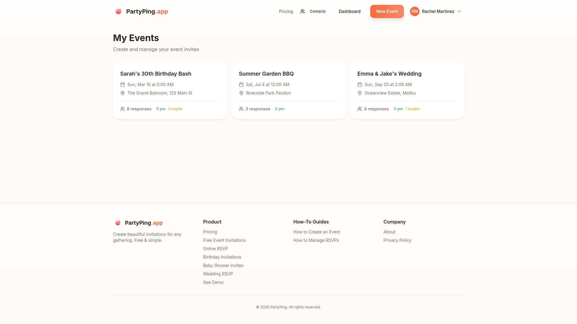 Dashboard showing a list of events