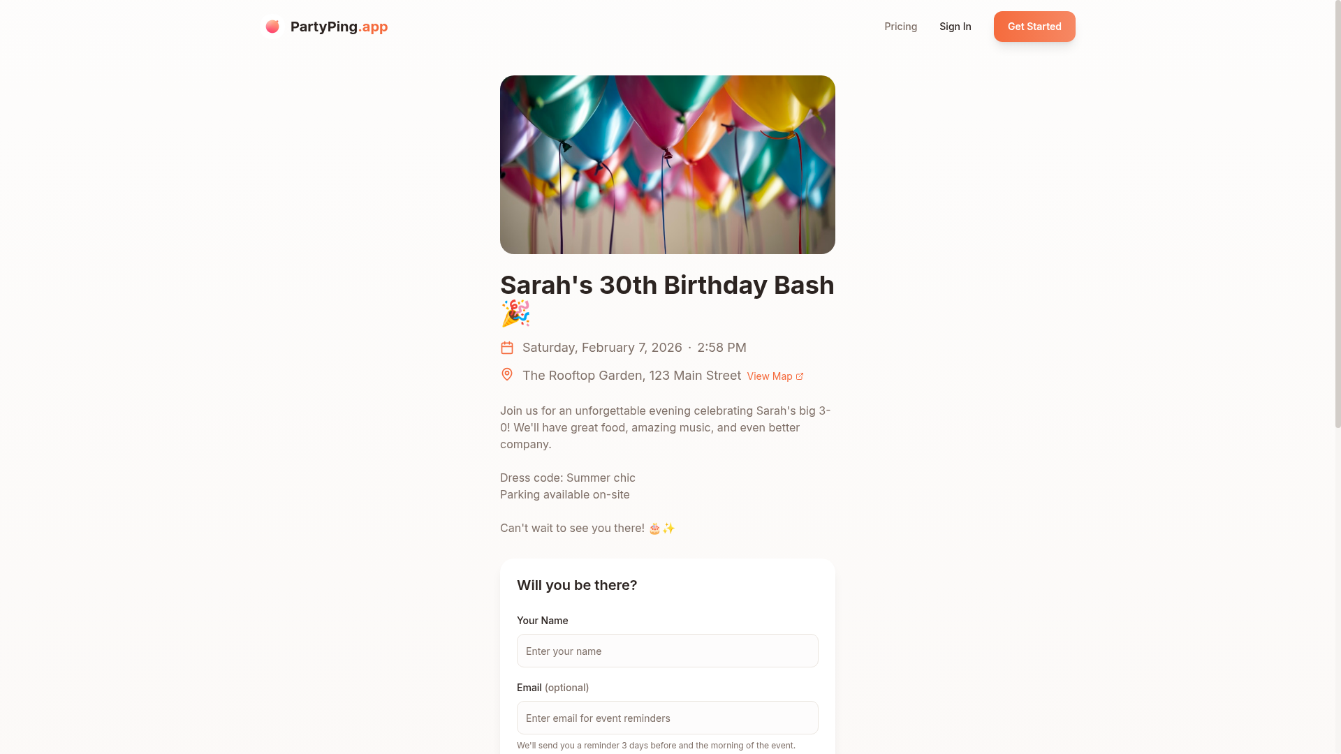 Public event invitation page